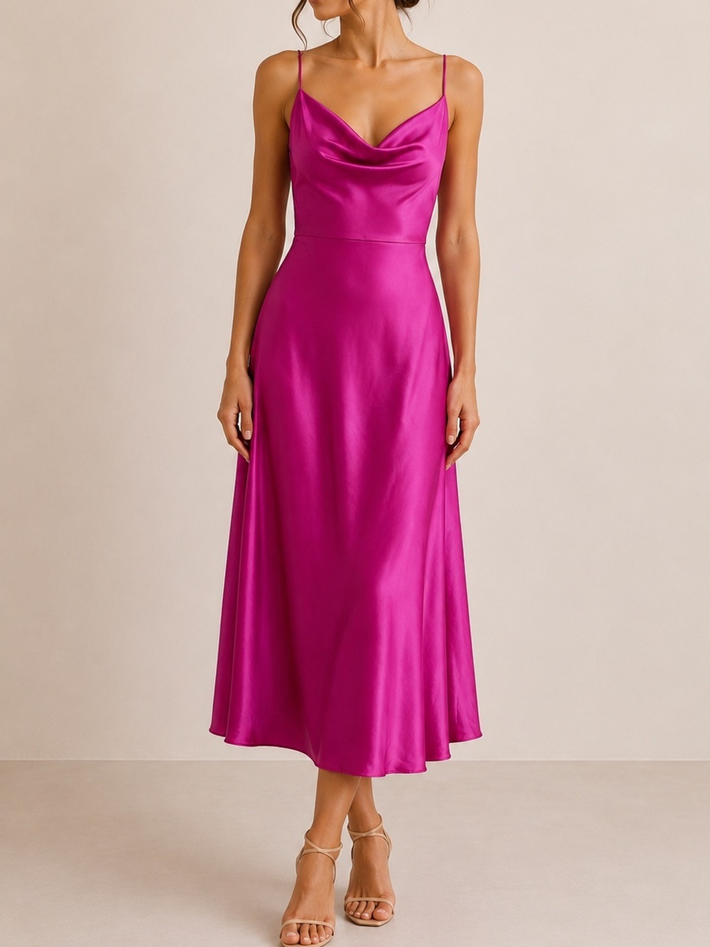 Runaway The Label Magenta Satin Midi Dress Draped Front Cowl Neck Slip Formal - Picture 9 of 9
